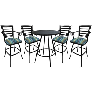 Pemberly Row Pub Set 30&quot Stool Arms Aqua Stripe Fabric Black Frame