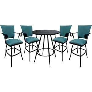 Pemberly Row Outdoor Pub Set with 30&quot Stool Arms Padded Back in Aqua/Black Frame