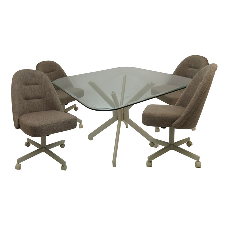 Pemberly Row Dinette Swivel Metal Caster Chairs with Clear Glass in Beige
