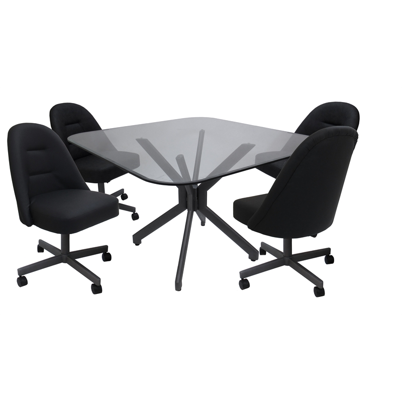 Pemberly Row Dinette Swivel Caster Chairs with Clear Glass in Black Vinyl Grey