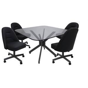 Pemberly Row Dinette Swivel Caster Chairs with Clear Glass in Black Vinyl Grey