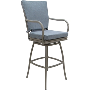 Pemberly Row Swivel Bar Stool 30&quot with Arms in Blue Fabric Beige Frame