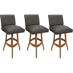 Pemberly Row Set of 3 Swivel Wood Bar Stools 30&quot in Elk Charcoal Fabric Honey