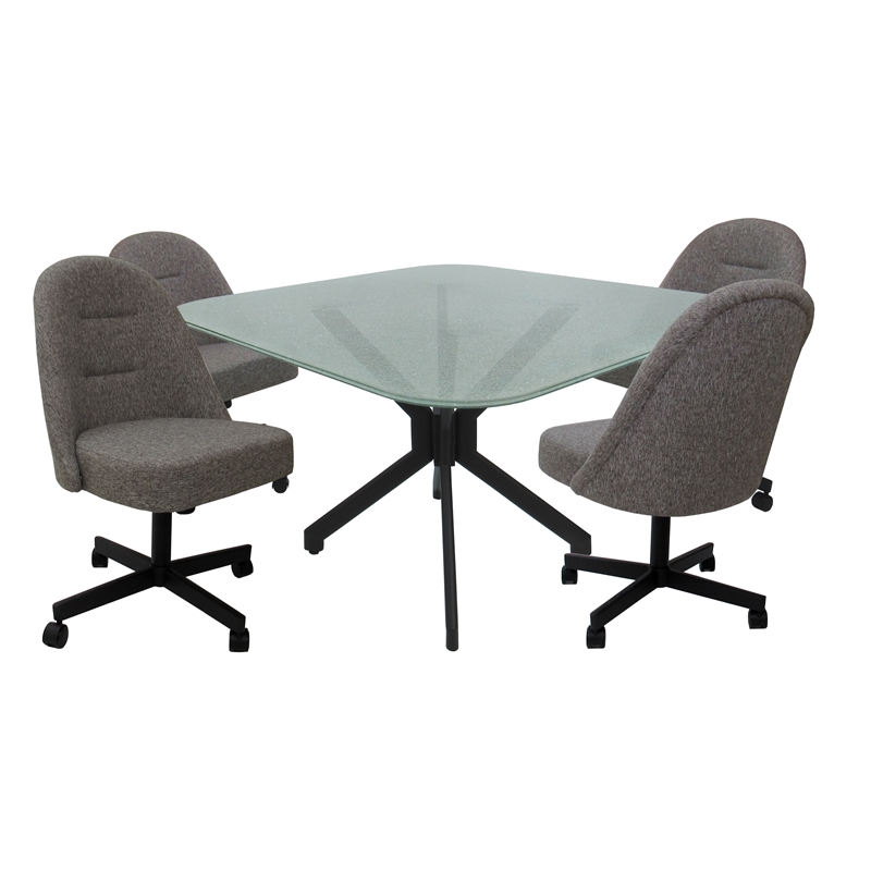 Pemberly Row Dinette Swivel Caster Chairs Crackle Glass in Grey Black Frame