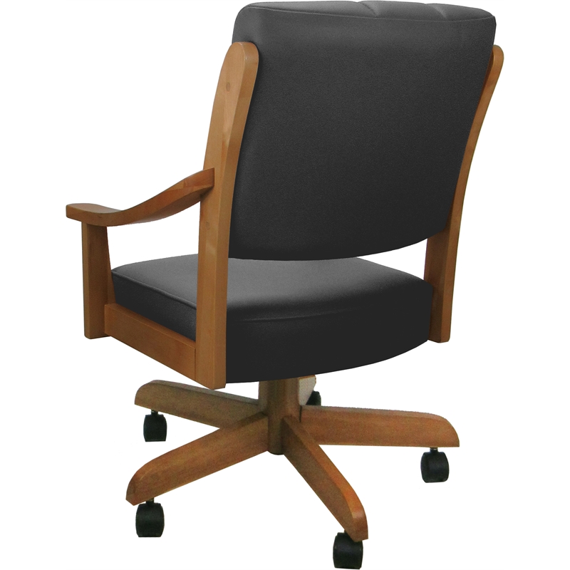 Pemberly Row Leather Solid Wood Dining Caster Chair in Gray on Honey Frame
