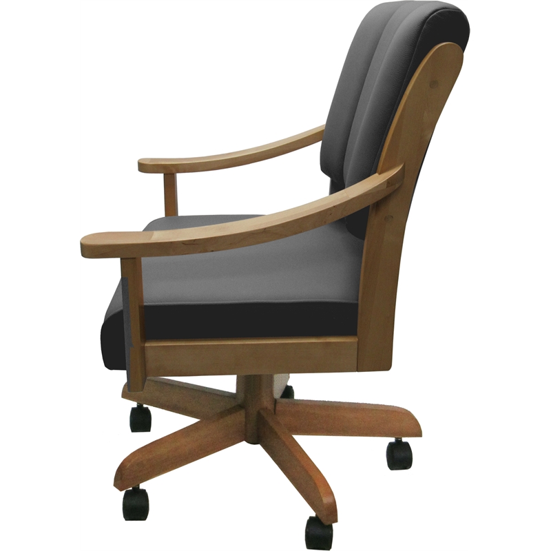 Pemberly Row Leather Solid Wood Dining Caster Chair in Gray on Honey Frame
