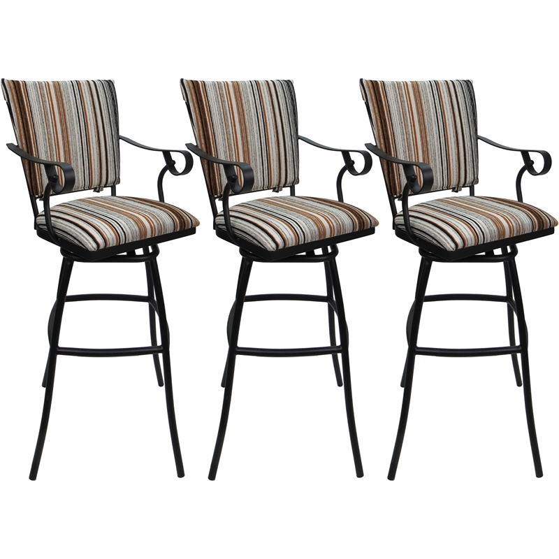 Pemberly Row Set of 3 Extra Tall Stools Padded Back Arms Nutmeg Fabric Black