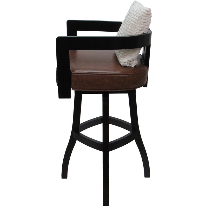 Pemberly Row Swivel Wood Bar Stool in Brown Vinyl Black Frame with Cream Pillow
