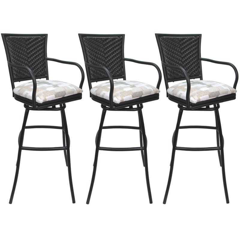 Pemberly Row Set of 3 Bar Stools with Arms in White Fabric Gray Frame