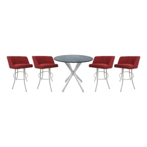 Pemberly Row Crackle Glass Metal Pub Set 30&quot Swivel Bar Stools in Ruby White