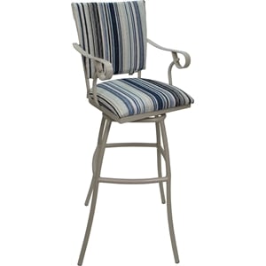 Pemberly Row Aluminum Extra Tall Stool Padded Back Arms in Blue Fabric Beige