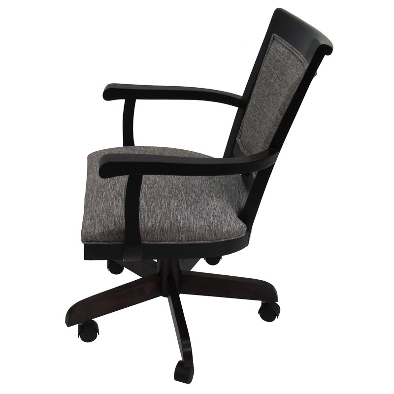 Pemberly Row Swivel Wood Dining Caster Chair in Gray Fabric Black Frame