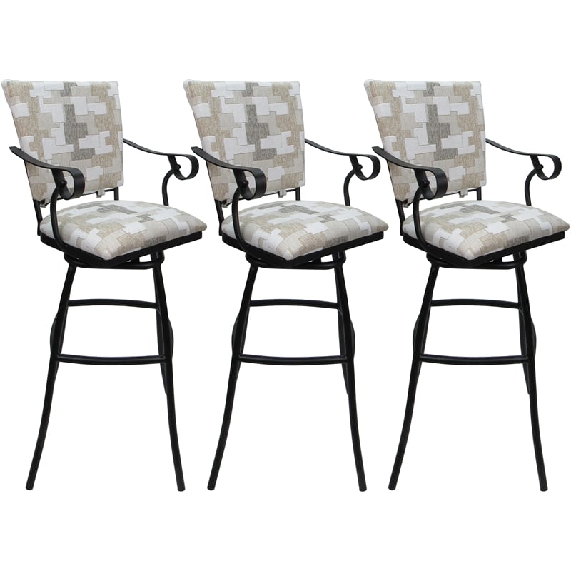 Pemberly Row Set of 3 Bar Stools with Padded Back Arms in White Fabric