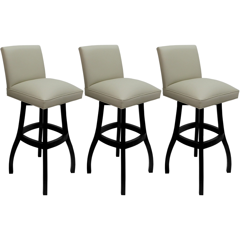 Pemberly Row Set of 3 Swivel Wood Bar Stools in Beige Vinyl with Black Frame