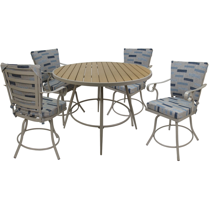 Pemberly Row Outdoor/Indoor Patio Dining Set in B-W Blue Beige Fabric & Beige