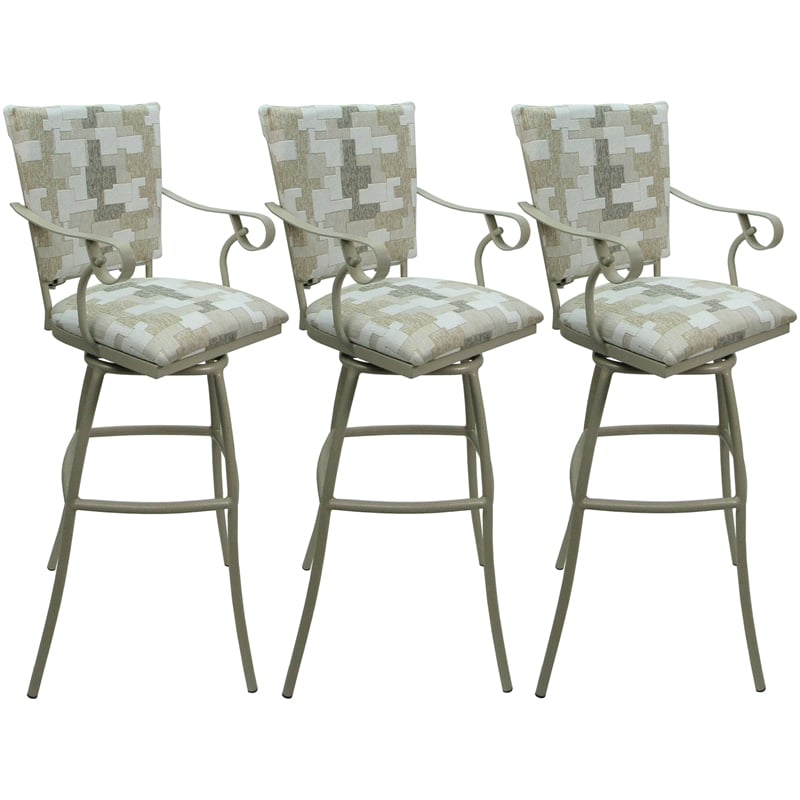 Pemberly Row Set of 3 Bar Stools with Padded Back Arms in White Fabric Beige