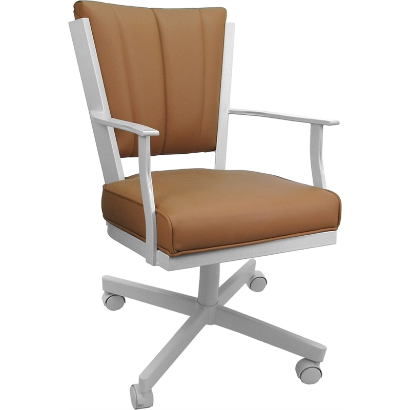 Pemberly Row Leather Dining Caster Chair Swivel Tilt in Brown on White