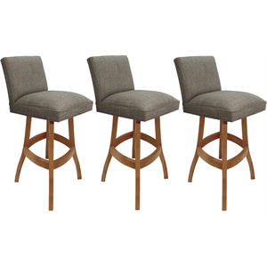 Pemberly Row Set of 3 Swivel Wood Bar Stools 30&quot in Plumley Cocoa Fabric