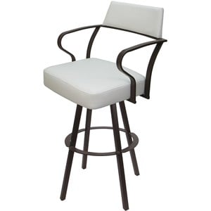 Pemberly Row Swivel Bar Height 30&quot Metal Stool in White Vinyl with Brown Frame