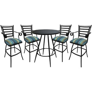 Pemberly Row Pub Set with 30&quot Swivel Stool Arms and Padded Back in Aqua Stripe