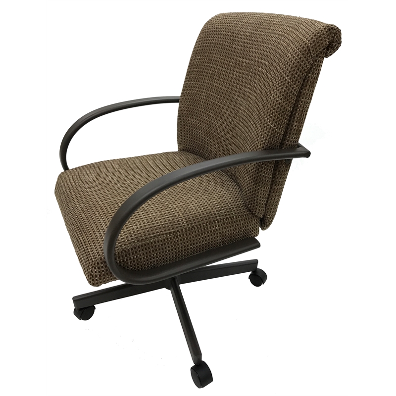 Pemberly Row Dining Caster Chair on Wheels in Sanora Brown Fabric w/ Brown Frame