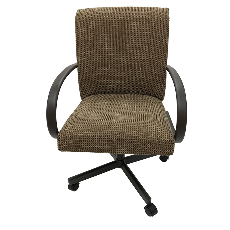 Pemberly Row Dining Caster Chair on Wheels in Sanora Brown Fabric w/ Brown Frame