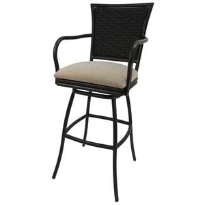 Pemberly Row 30&quot Upholstered Swivel Rattan and Aluminum Bar Stool in Tan & Gray