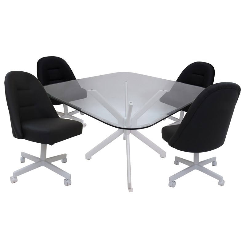 Pemberly Row Set w/ Caster Chairs in Clear Glass & Black Vinyl w/ White Frame