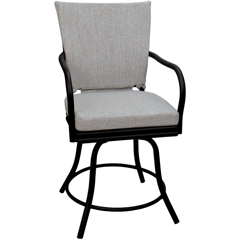 Pemberly Row Patio Dining Chair with Arms in White Linen Fabric with Black Frame