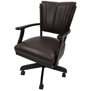 Pemberly Row Swivel Dining Caster Chair on Wheels in Brown Vinyl w/ Cherry Frame