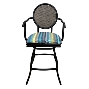 Pemberly Row 30&quot Swivel Aluminum Bar Stool in Black with Multi-Color Fabric