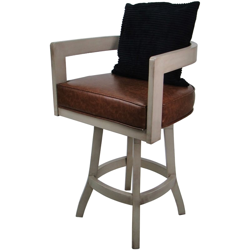 Pemberly Row Swivel Bar Stool in Brown Vinyl with Beige Frame and Black Pillow