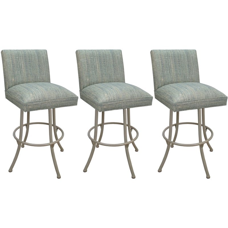 Pemberly Row Set of 3 Swivel Metal Bar Stools in Teal Fabric with Beige Frame