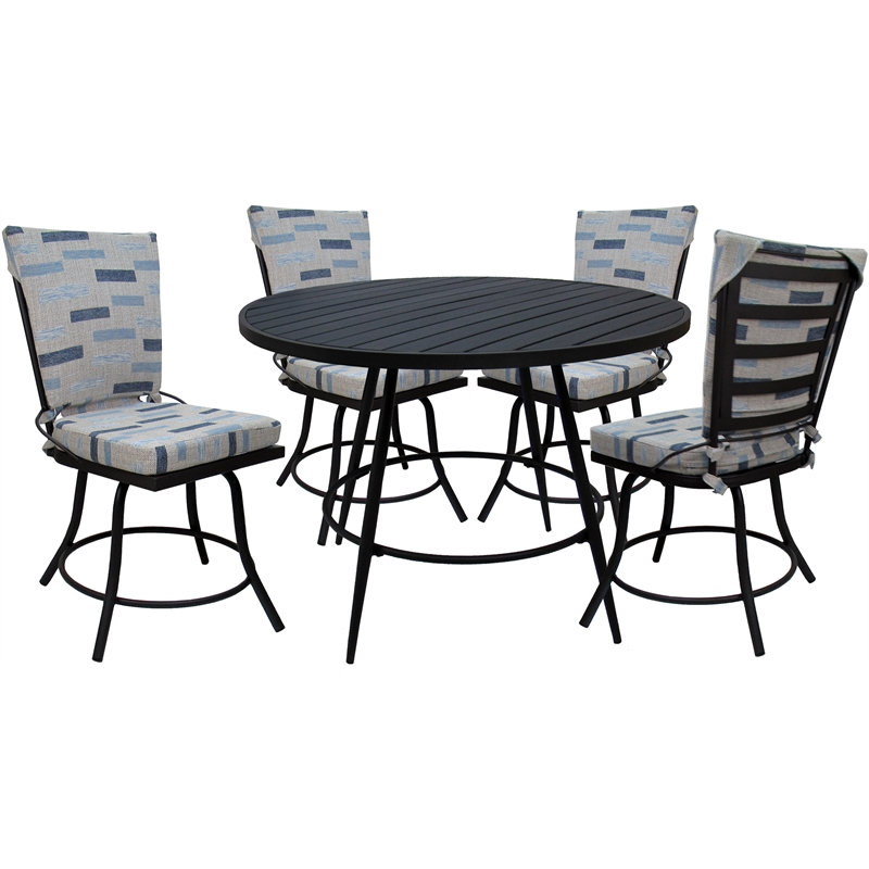 Pemberly Row Patio Dining Set Armless in Blue Beige Fabric with Black Frame