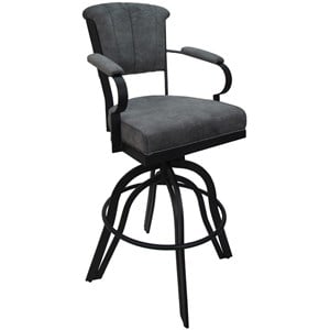 Pemberly Row 30&quot Swivel Fabric and Metal Bar Stool in Black with Gray Frame