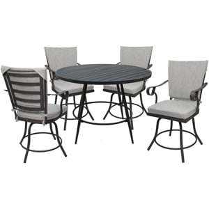 Pemberly Row Patio Dining Set in White Linen Fabric with Gray Frame