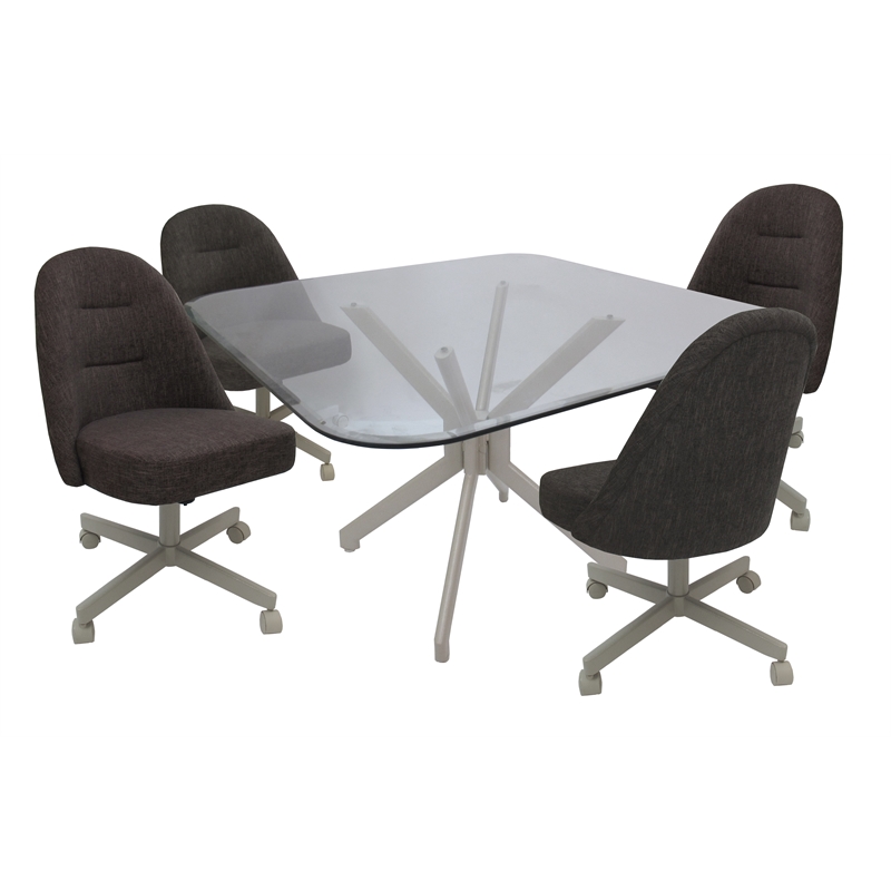 Pemberly Row Dinette Swivel Metal Caster Chairs in Clear Glass & Sanora Brown