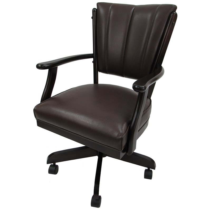 Pemberly Row Swivel Solid Wood Dining Caster Chair on Wheels in Brown Vinyl