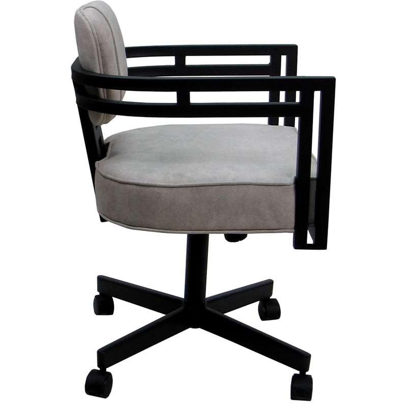 Pemberly Row Swivel Metal Dining Caster Chair in Stucco Stone Fabric & Black