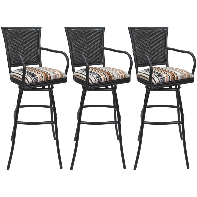 Pemberly Row Set of 3 Outdoor Indoor Counter Stools - Arms in Nutmeg with Gray