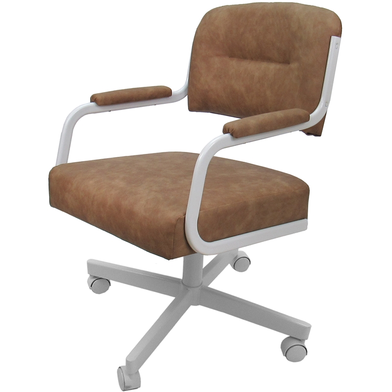 Pemberly Row Swivel Metal Dining Caster Chair in Pecan Brown Vinyl with White