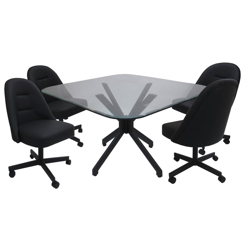 Pemberly Row Dinette Swivel Caster Chairs - Clear Glass in Black Vinyl & Black