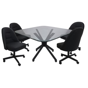Pemberly Row Dinette Swivel Caster Chairs - Clear Glass in Black Vinyl & Black