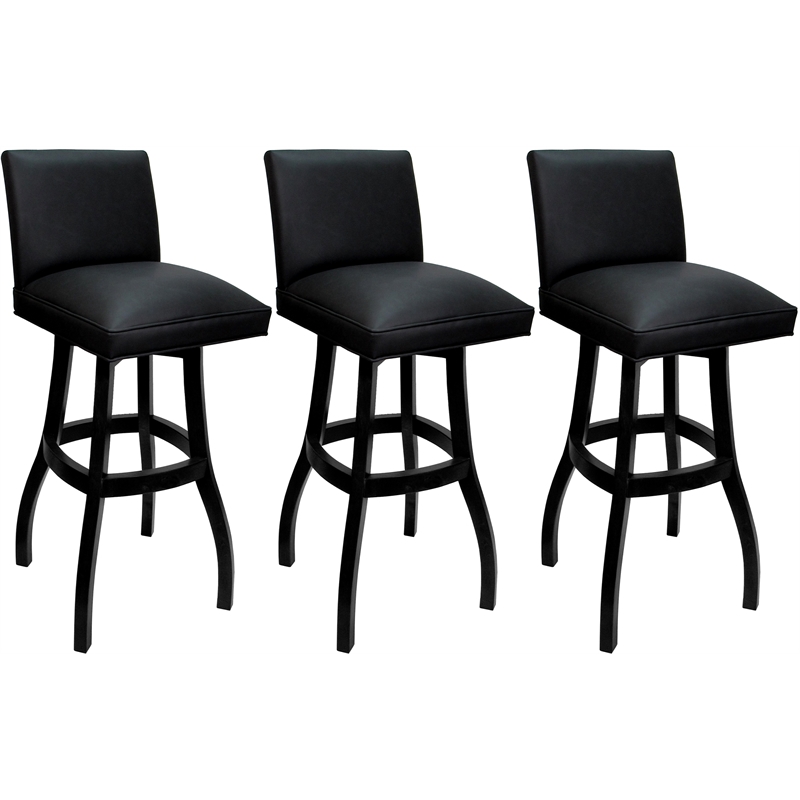 Pemberly Row Set of 3 Extra Tall Swivel Wood Stools in Black Vinyl with Black