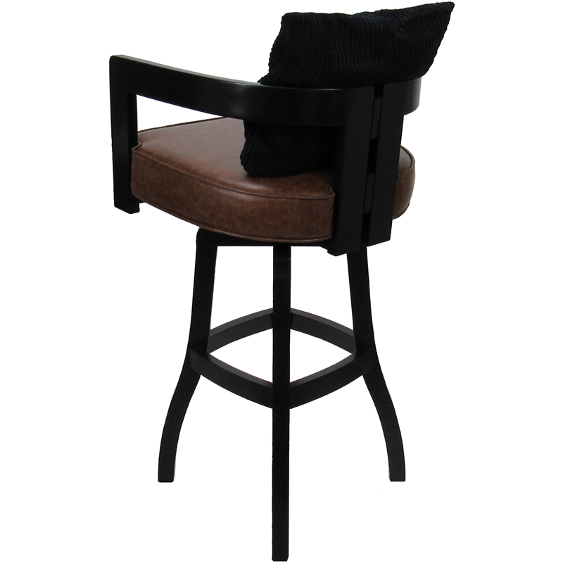 Pemberly Row Swivel Wood Bar Stool - Brown Vinyl in Black with Black Pillow