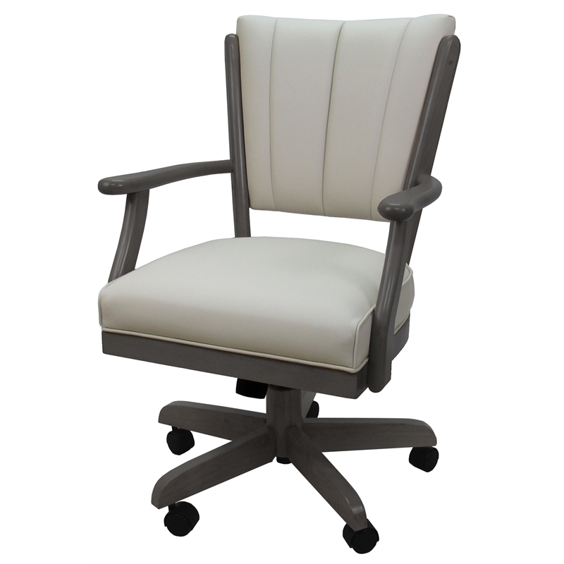 Pemberly Row Caster Solid Wood Dining Chair in Ocean Beige Vinyl with Dark Grey