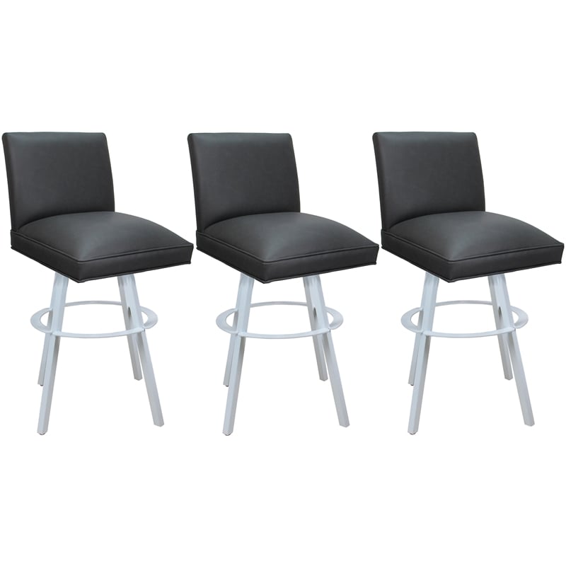 Pemberly Row Set of 3 Extra Tall Swivel Metal Stools in Gray Vinyl with White