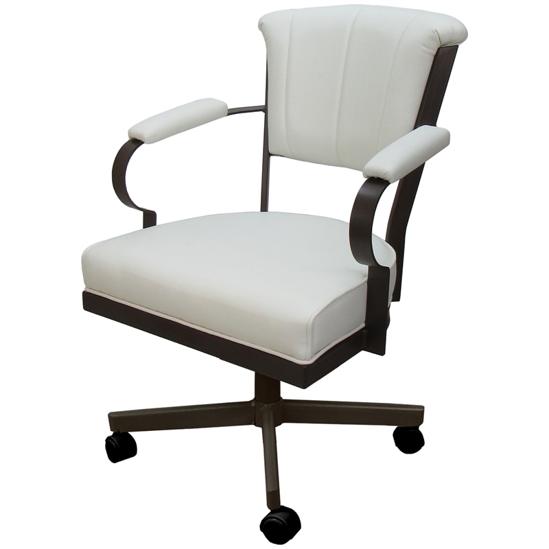 Pemberly Row Swivel Tilt Metal Caster Chair in White Vinyl with Brown Frame