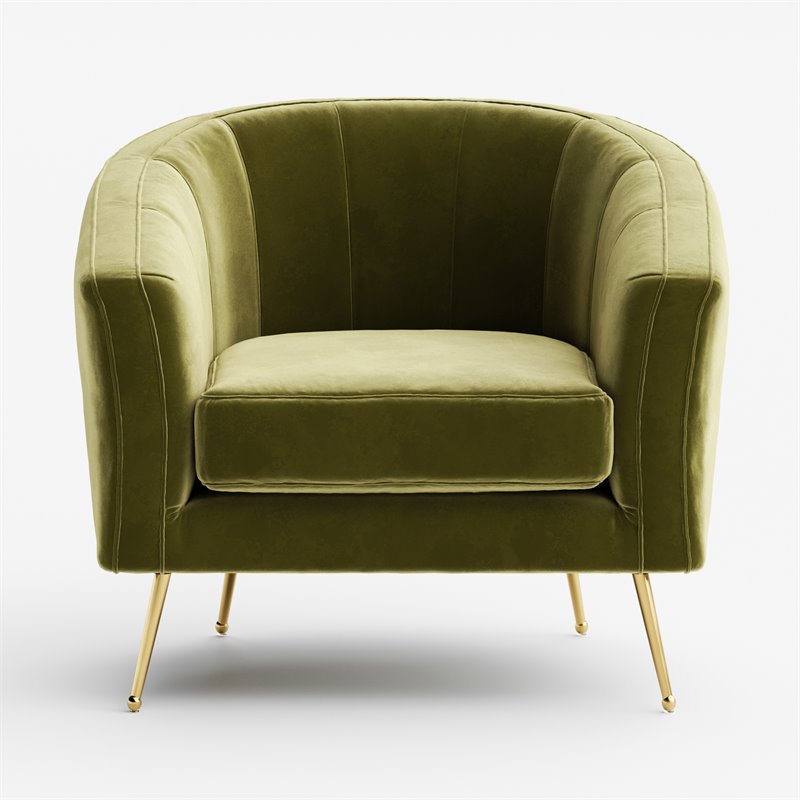 Pemberly Row Barrel Steel/Velvet Accent Chair with Gold Legs in Olive Green