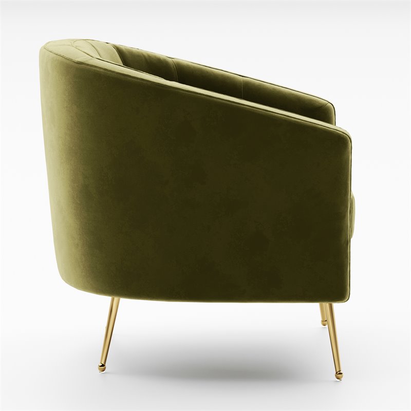Pemberly Row Barrel Steel/Velvet Accent Chair with Gold Legs in Olive Green
